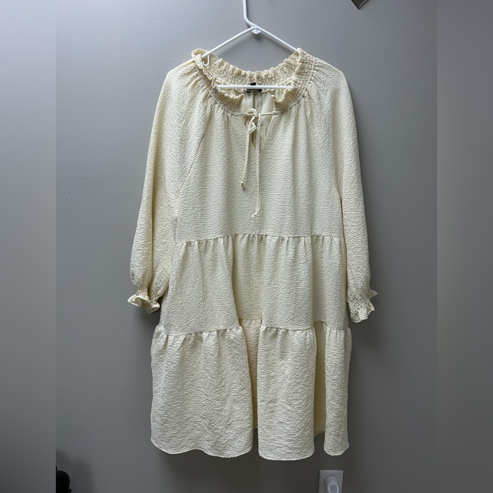 Roolee Women’s Long Sleeve Beige V Neck Tiered Ruffled Midi Dress